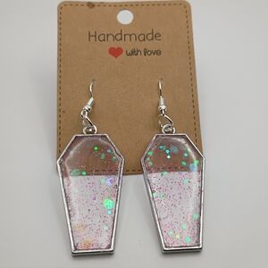 Handmade Silver Plated Women's Pink Glitter Coffin Shaped Dangle Earrings